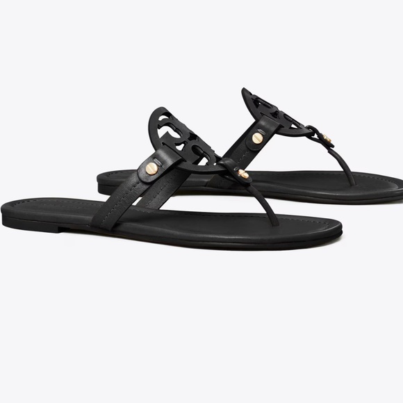 Authentic Tory Burch Miller Sandals Flip Flops Logo Leather Gray W 8.5 - Picture 1 of 8